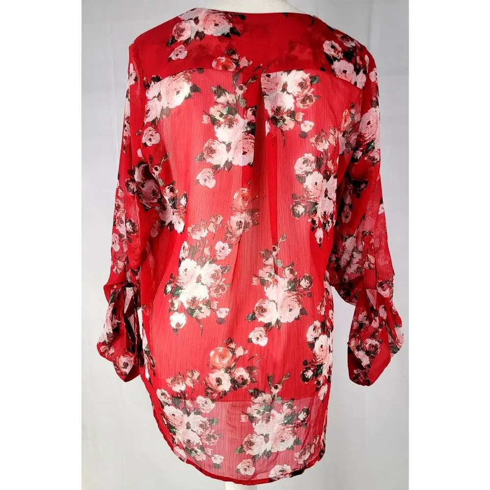 Kut from the Kloth Red Floral Faux Wrap Blouse Sheer Small
